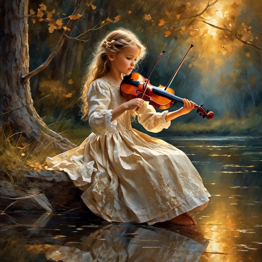 Whimsical folk, a lovely little girl in a beautiful dress pl...