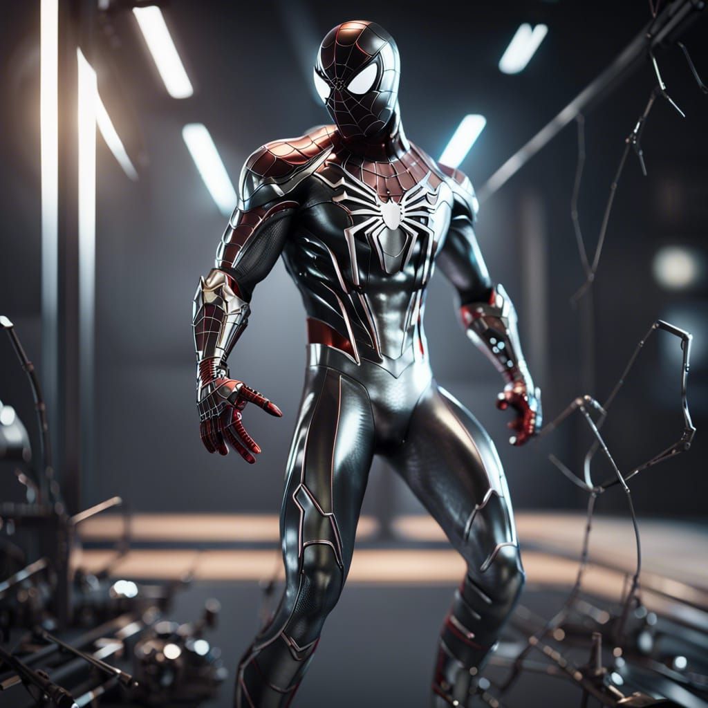 Spider-Man in Silver Metal Suit, 3D Render