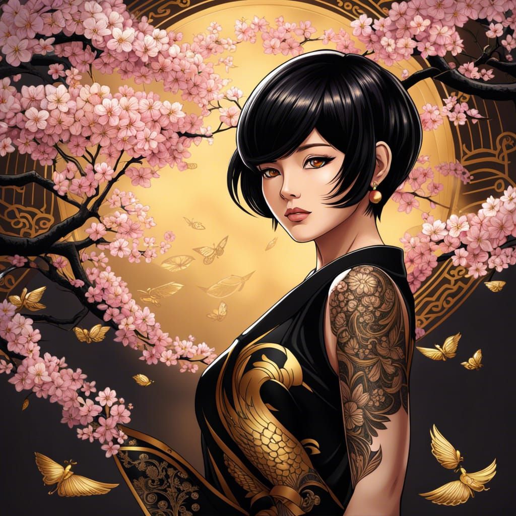 Anime Woman with Tattoos and Cherry Blossoms