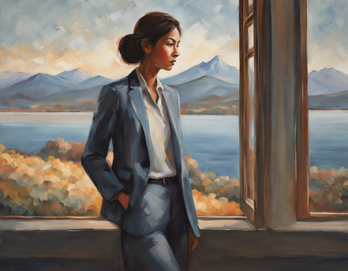 Woman in Blazer Gazes Out Window, Mountain & Sea View