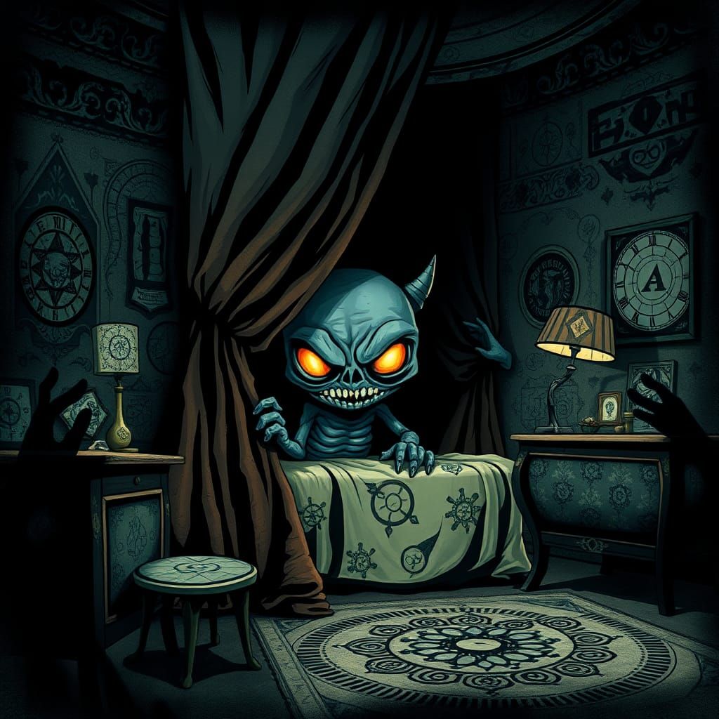 Chibi Monster in Abstract Art Deco Bedroom