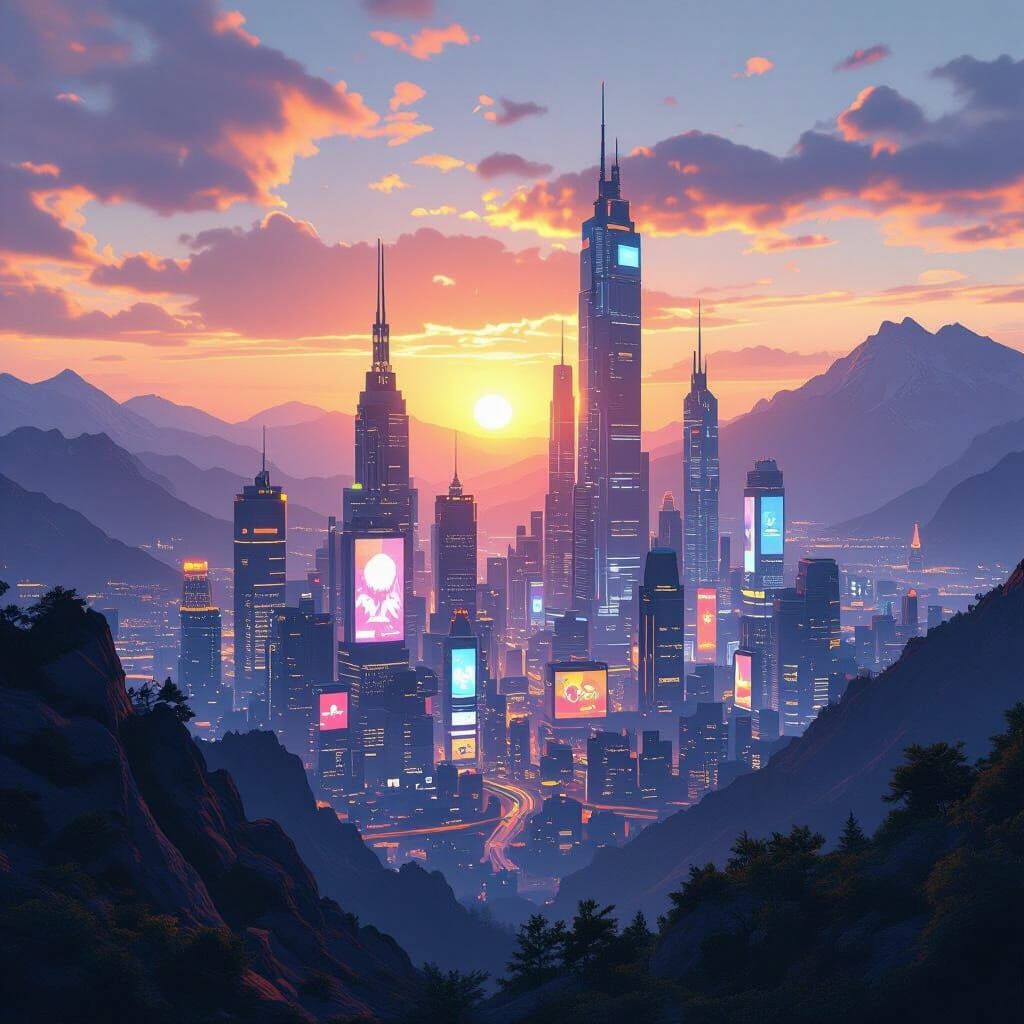 Futuristic Cityscape at Sunset in Fantasy Style