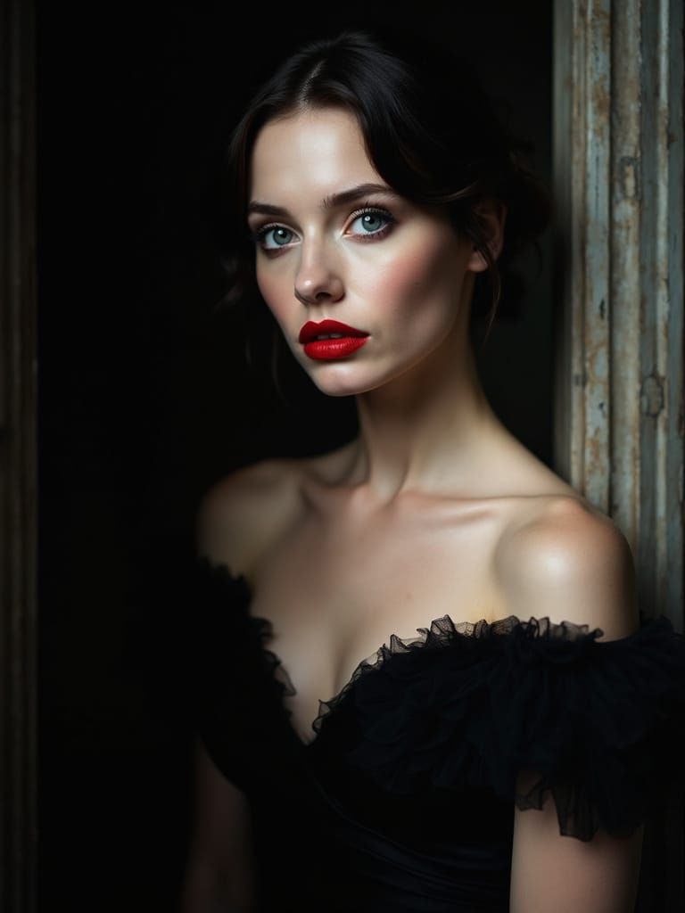 Ethereal Woman Emerges from Shadows in Monochrome