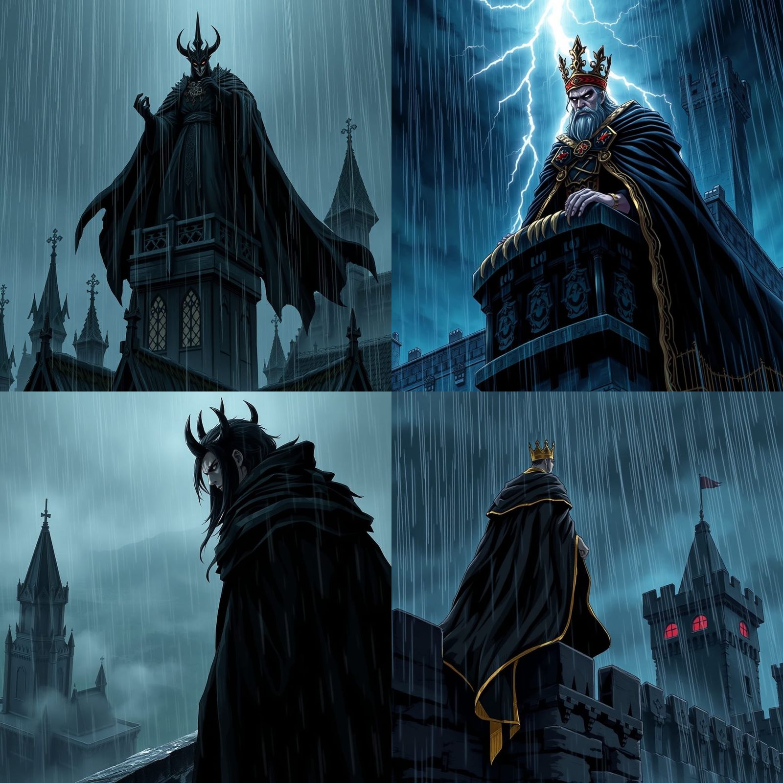 Evil King Overlooking Rainy Kingdom in Anime Style