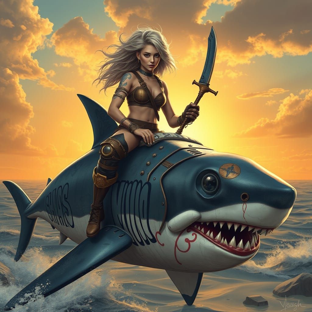 Woman on Shark with Brass Arm in Cyberpunk Style