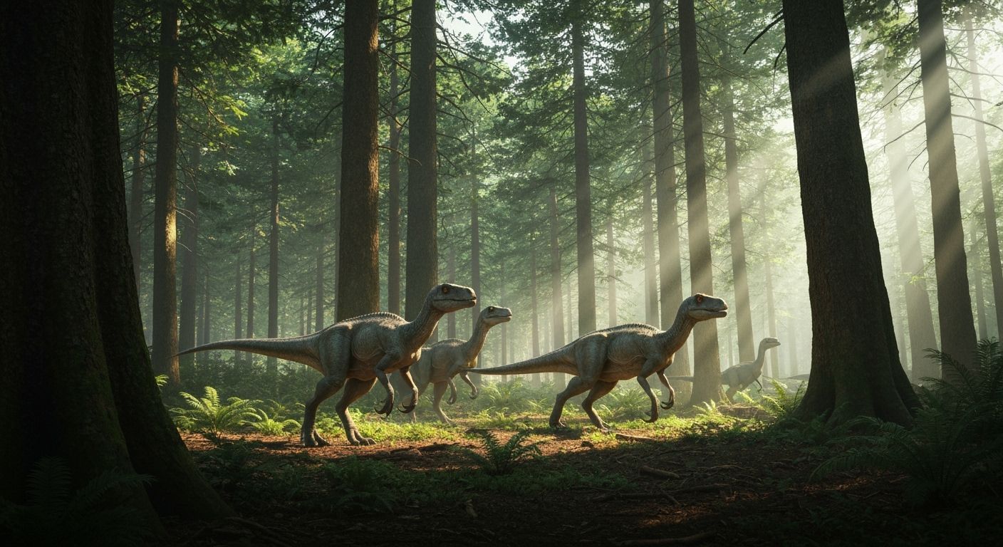 Utahraptors Stalking Tenontosaurus in Prehistoric Forest