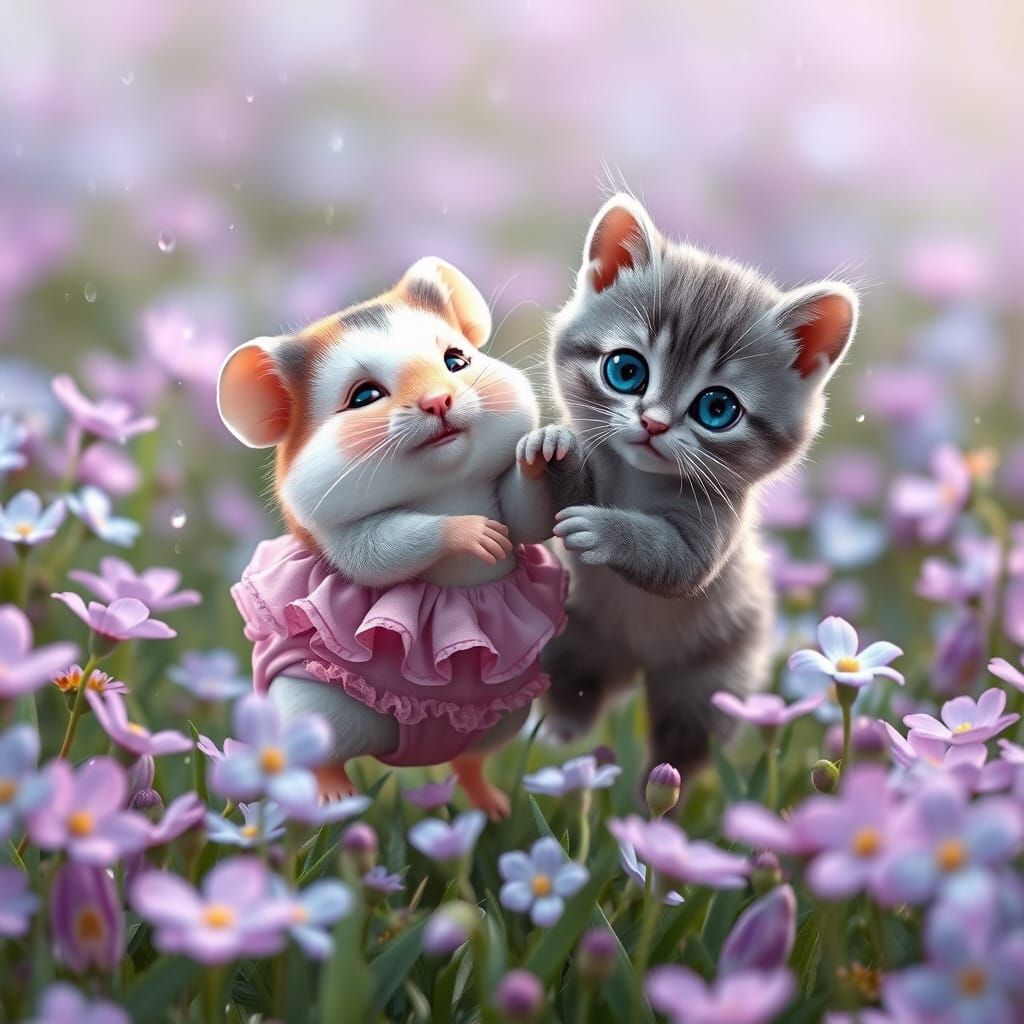 Whimsical Hamster and Kitten Play in a Pastel Meadow