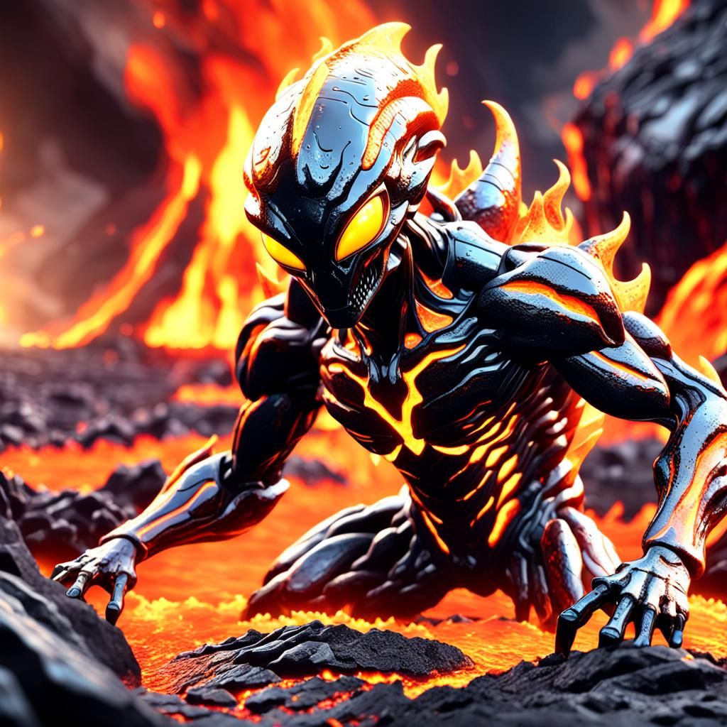 Magma Alien Emerges: Epic 3D Videogame Close-Up
