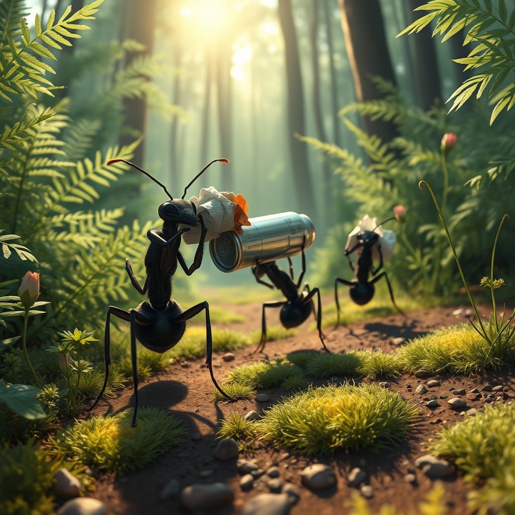 Ants Cleaning Up Trash in Hyperrealistic Forest Scene
