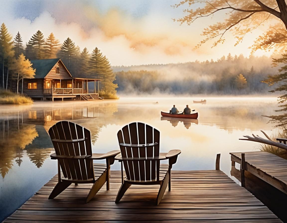 Watercolor Landscape: Couple Gazing at Misty Lake