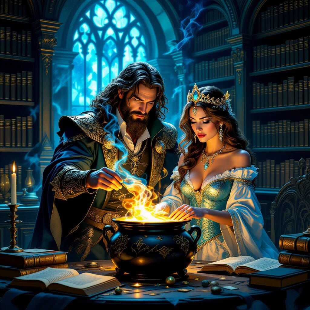 Alchemist Prepares Cosmic Potion in Opulent Lab