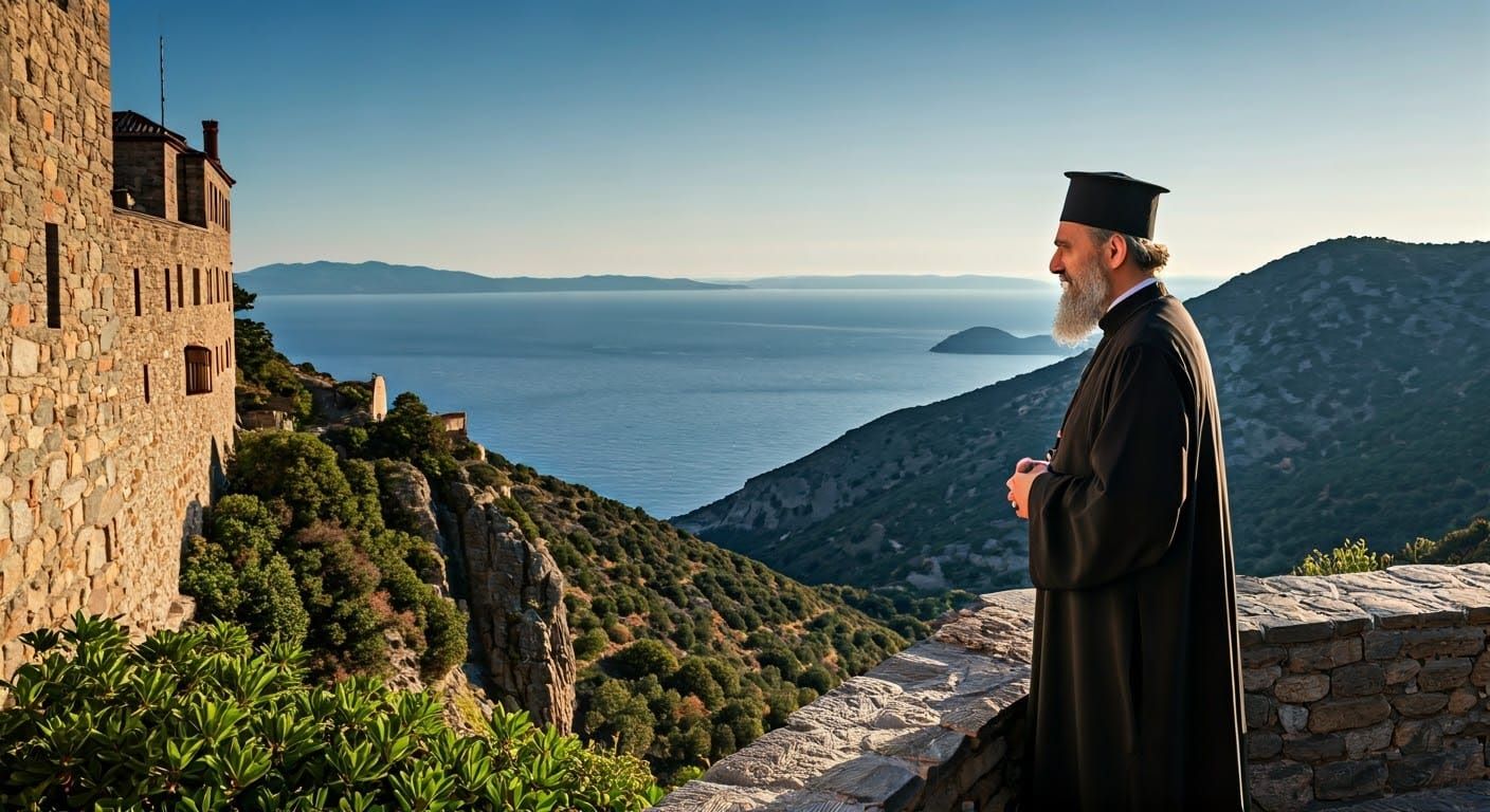 Greek Monk Lost in Contemplation on Mount Athos Cliffside