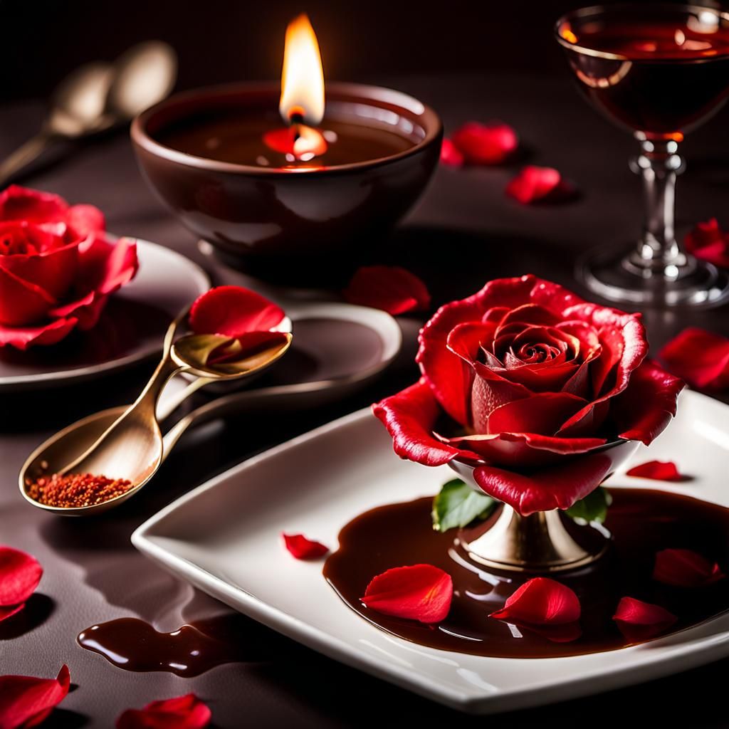 Rose in Chocolate Fondue Under Candlelight