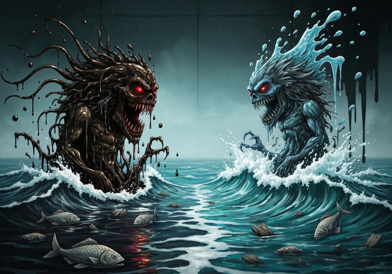 Graffiti Art: Oil vs. Water Monsters in Urban Battle