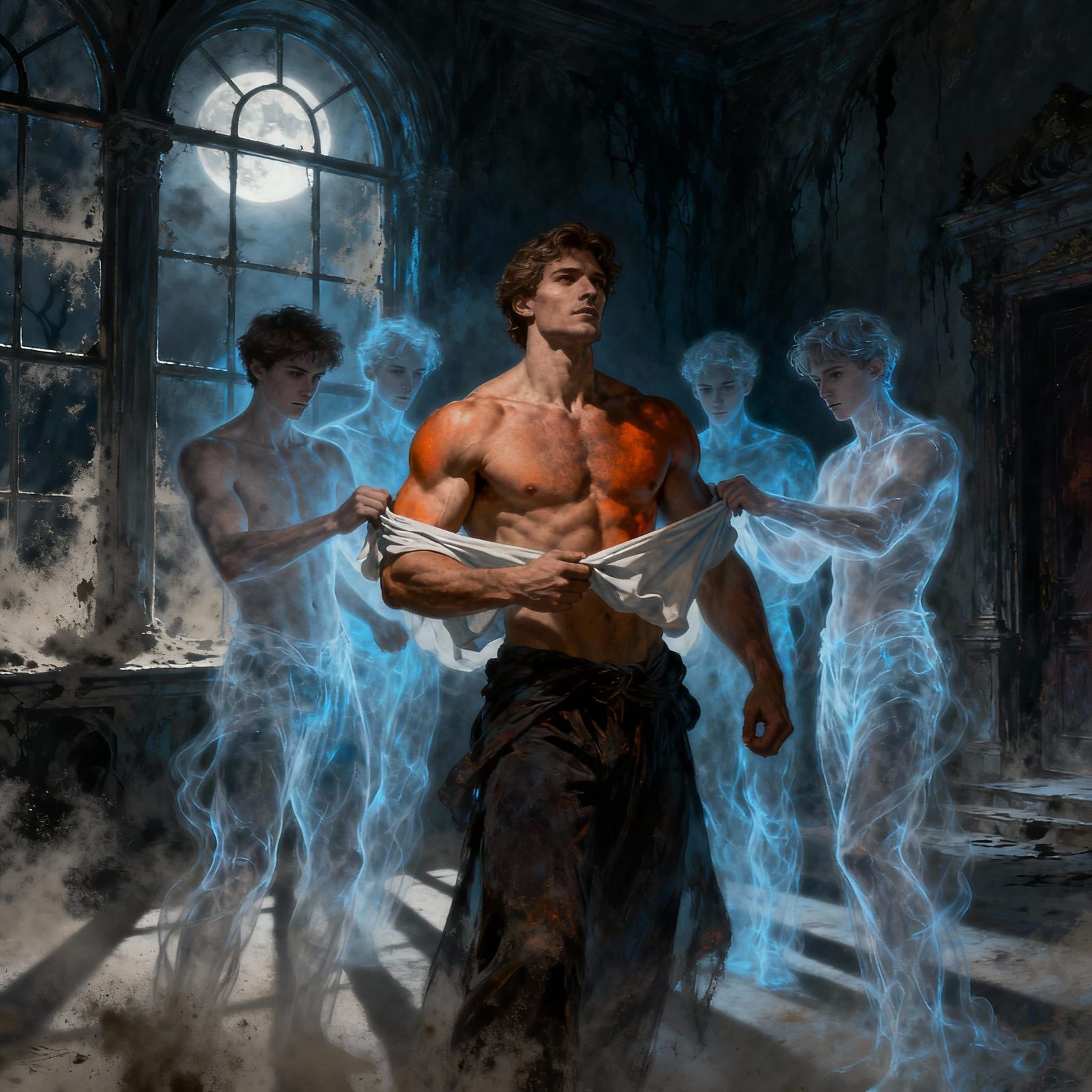 Ghostly Figures Reveal Muscular Man in Haunted Mansion