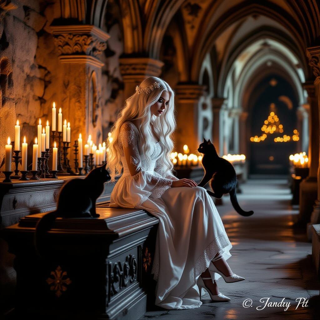 Ethereal Woman in Gothic Crypt with Cat