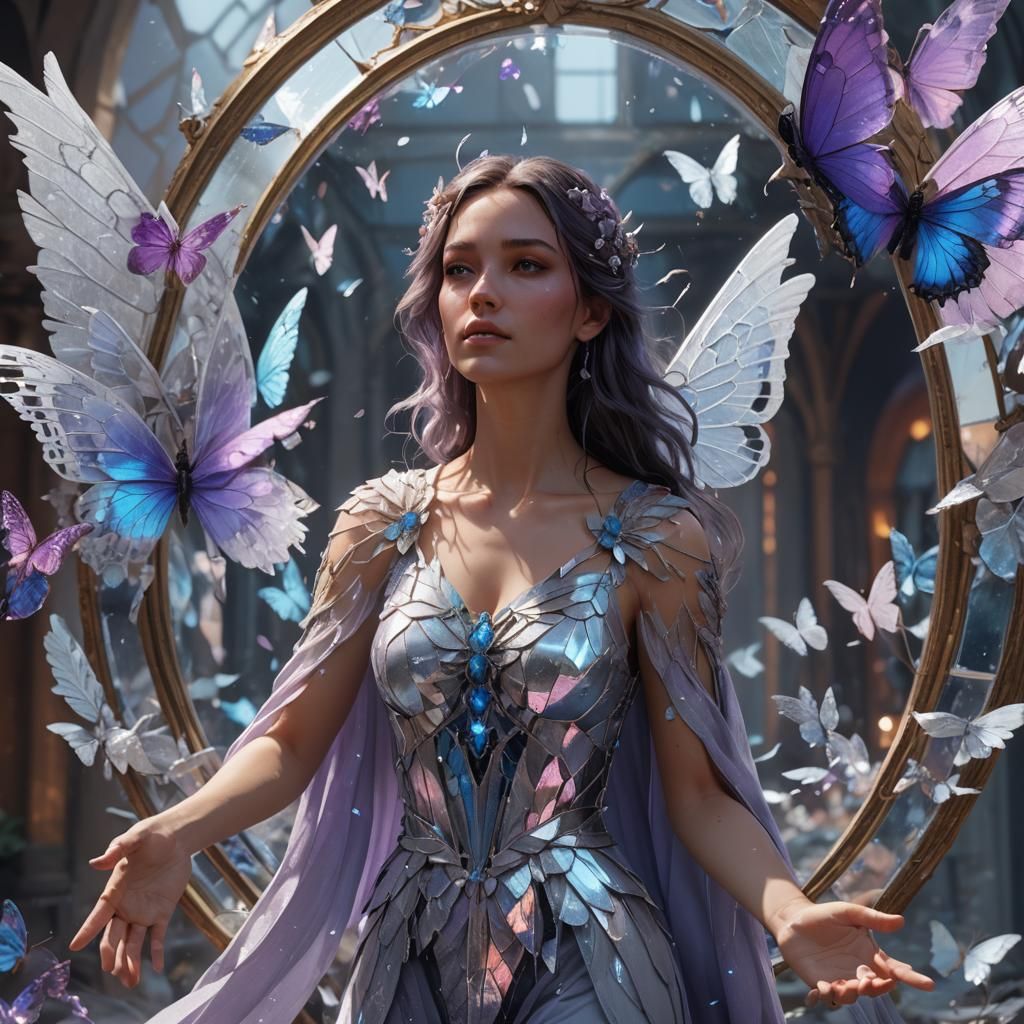Fractured Mirror Fantasy Art with Winged Woman