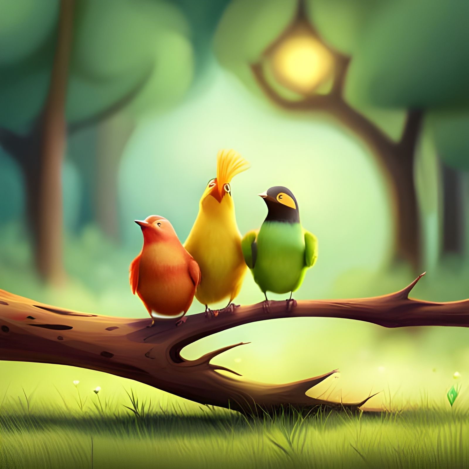 Cute Birds on Branch in Storybook Style