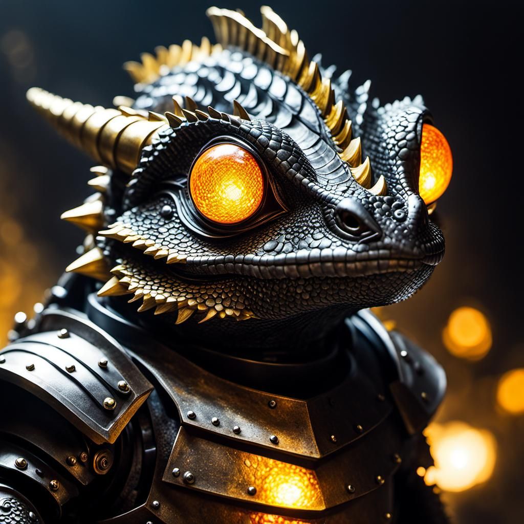 Armored Dragon Hatchling in Surreal Metalscape