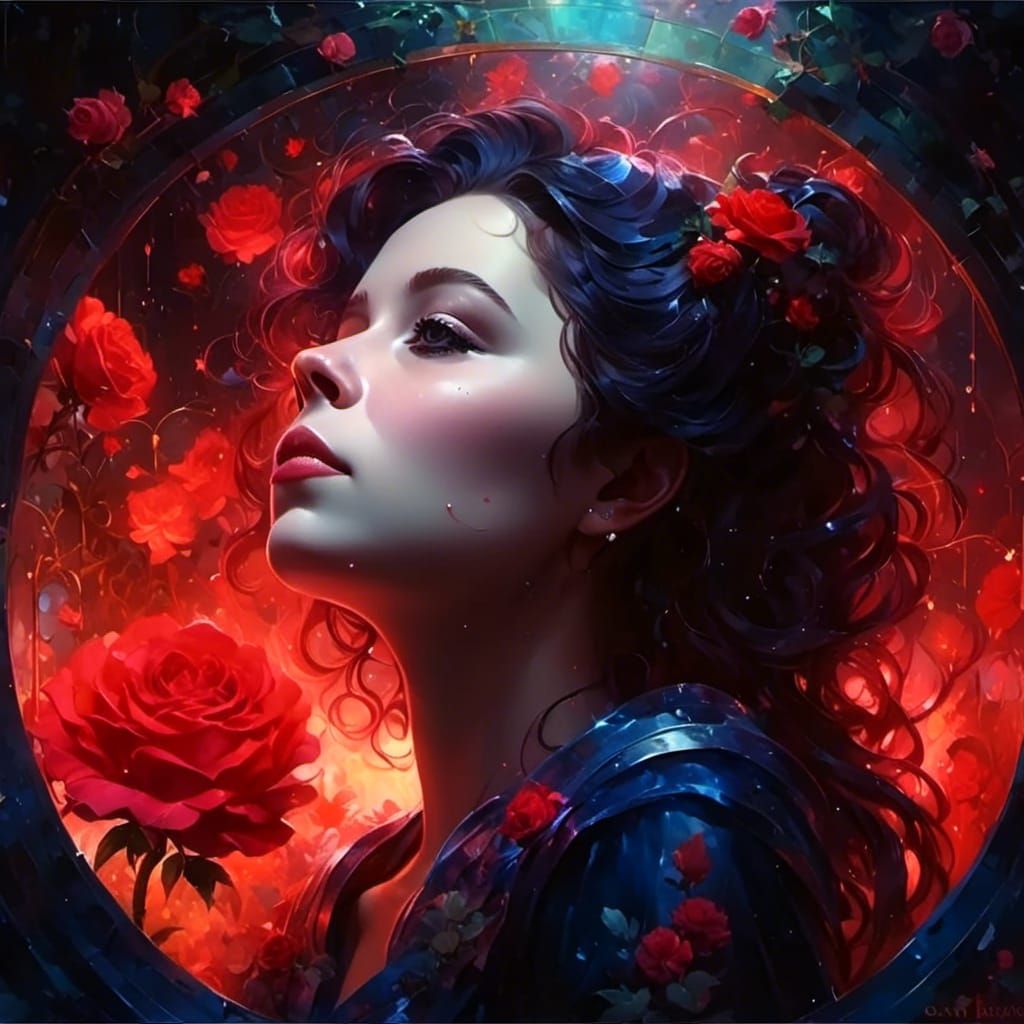 Woman Smelling Roses in Pre-Raphaelite Garden