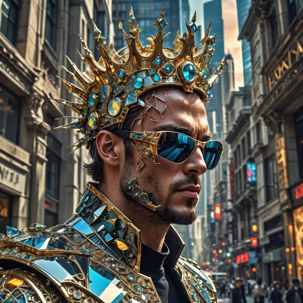 Elegant Cybernetic Man with Opal City in HDR