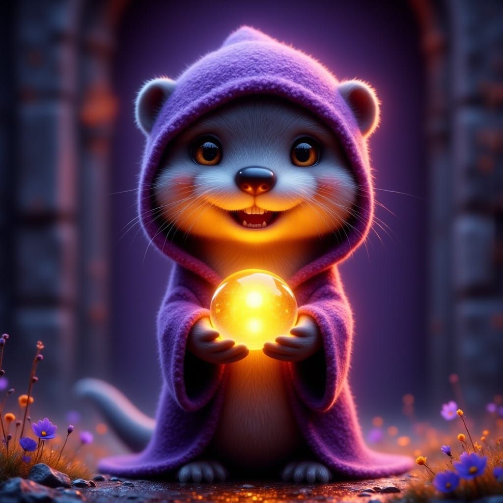 Otter Mage Holding Glowing Orb: 3D Digital Art