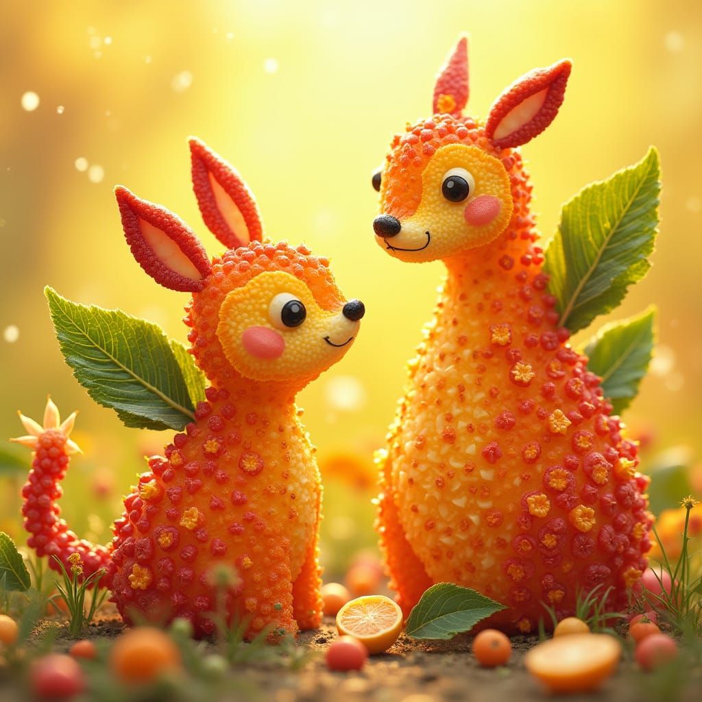 Whimsical Fruit Creatures in Vibrant Dreamscapes