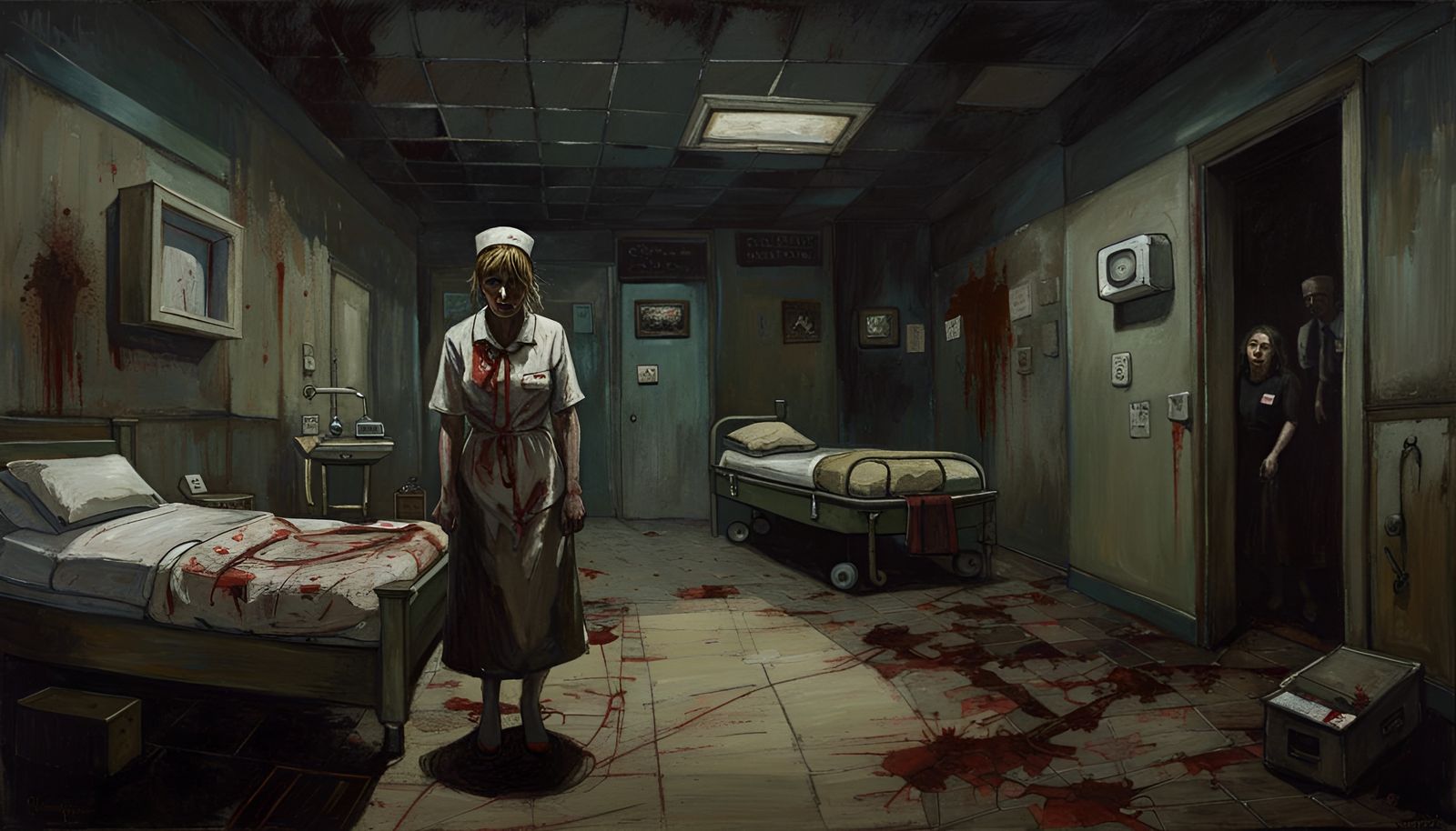 Sinister Horror Hospital Scene in Oil Painting Style
