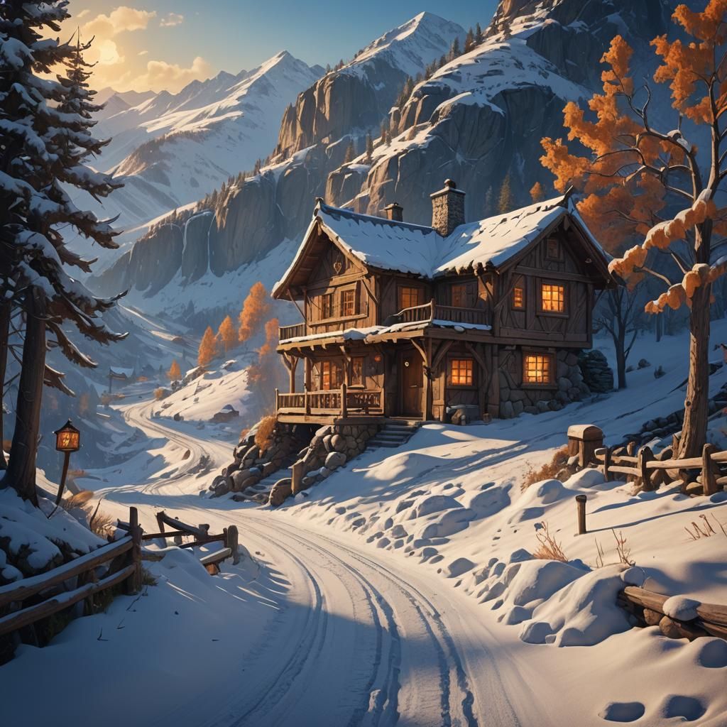 Snowy Mountain Tavern in Cinematic Lighting