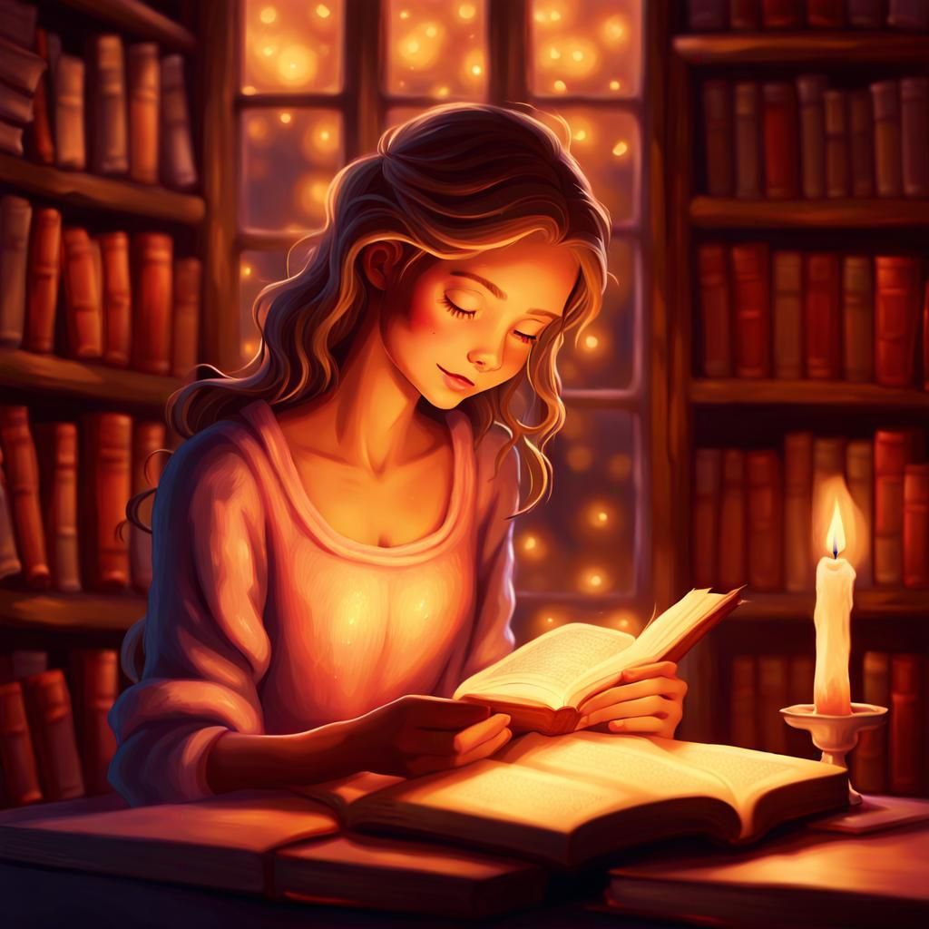 Girl Reading an Enchanted Glowing Book in a Whimsical Librar...
