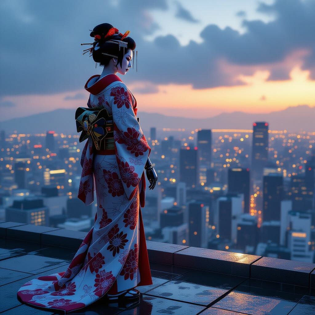 Cyborg Geisha Overlooking Neon Metropolis at Dusk
