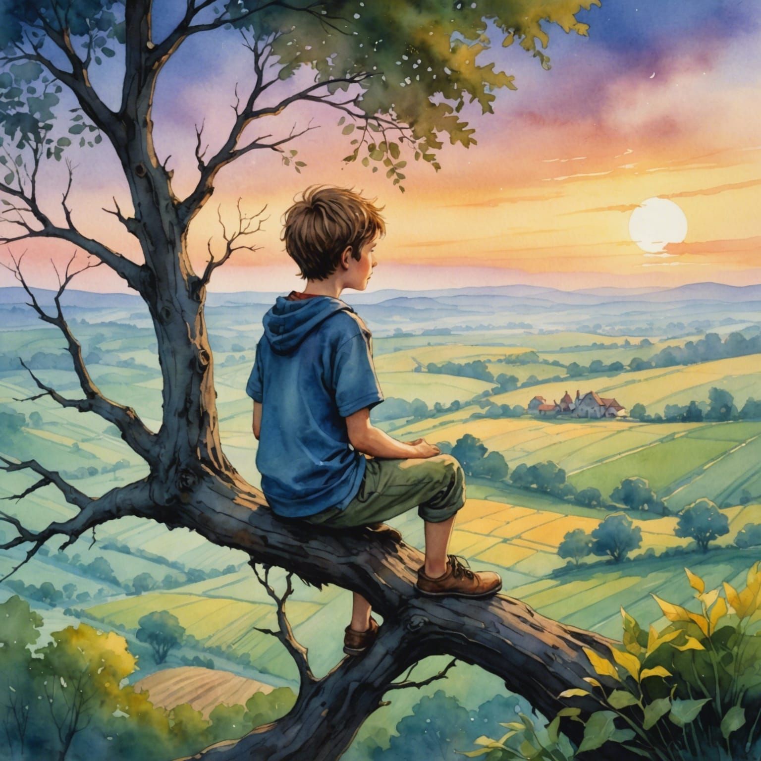 Watercolor Boy Overlooking Farmlands From High Tree