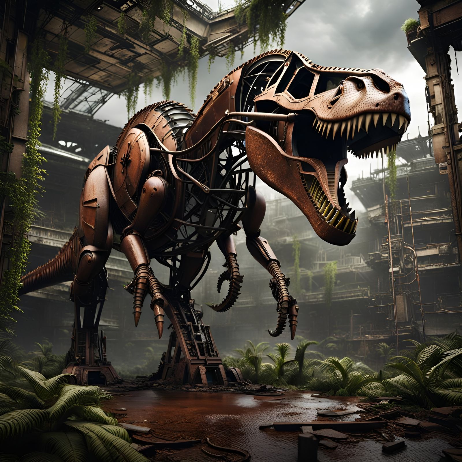 Apocalyptic Iron T-Rex Sculpture in Ruined City