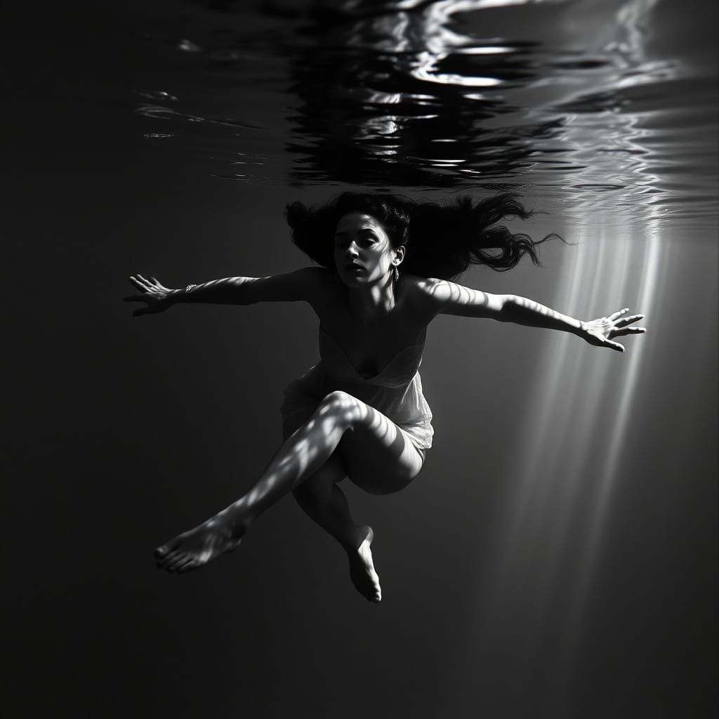 Serene Surrealist Black-and-White Portrait Underwater