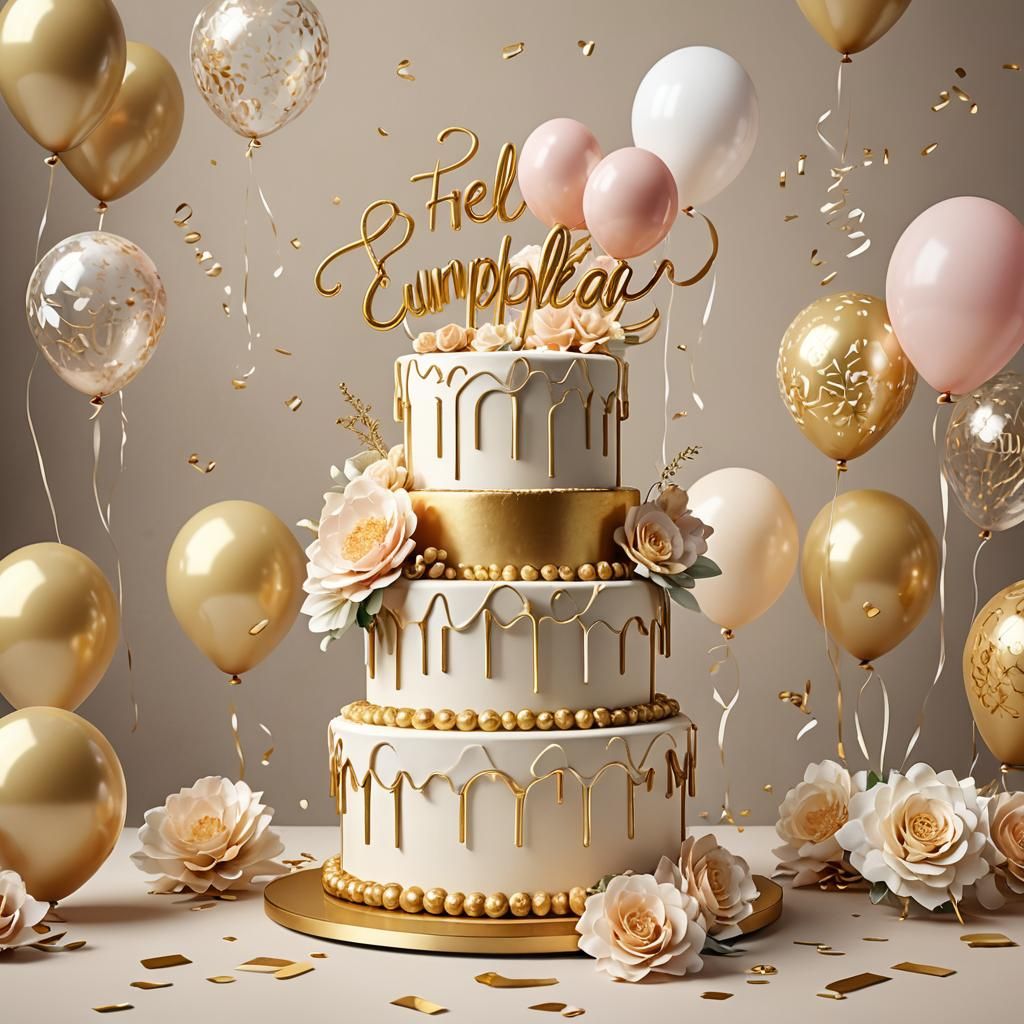 Elegant 3D Birthday Cake with Gold Accents
