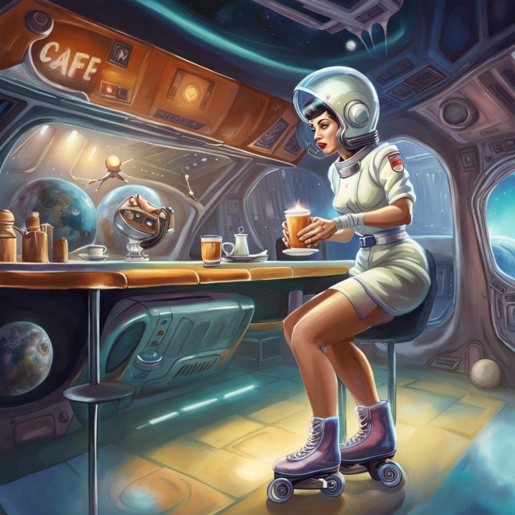 1950s Space Cafe with Waitress in Hyperrealistic Style