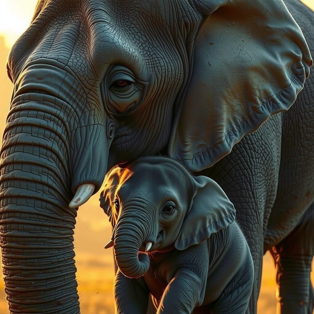 Elephant Mother and Child Cuddling in Golden Sunlight