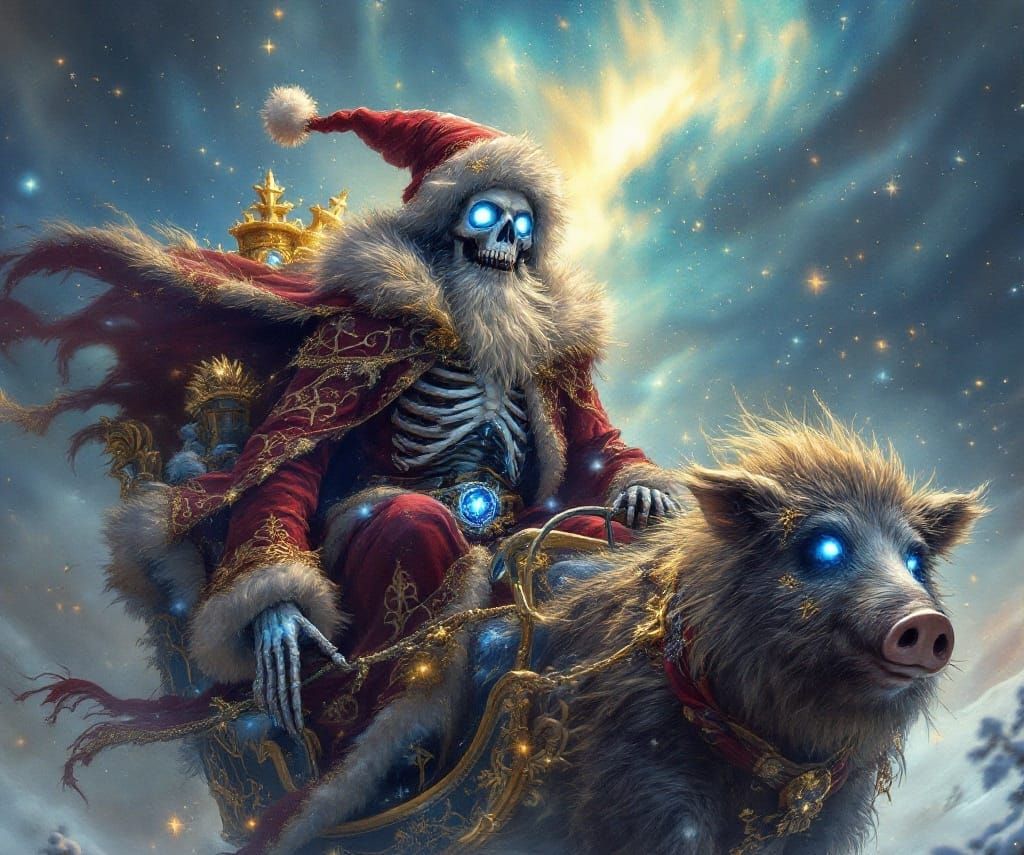 Surreal Regal Skeleton Sleigh Soars Through Winter Sky