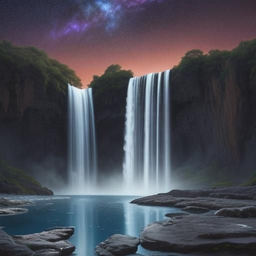 Celestial Waterfall: Enchanted Sunset in the Cosmos