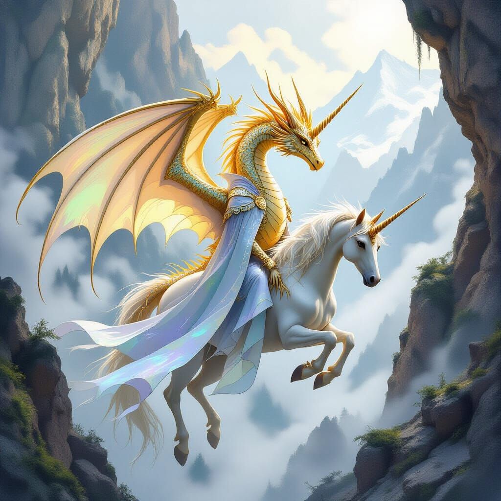 Gold Dragon Unicorn Hybrid in Misty Mountain Lair