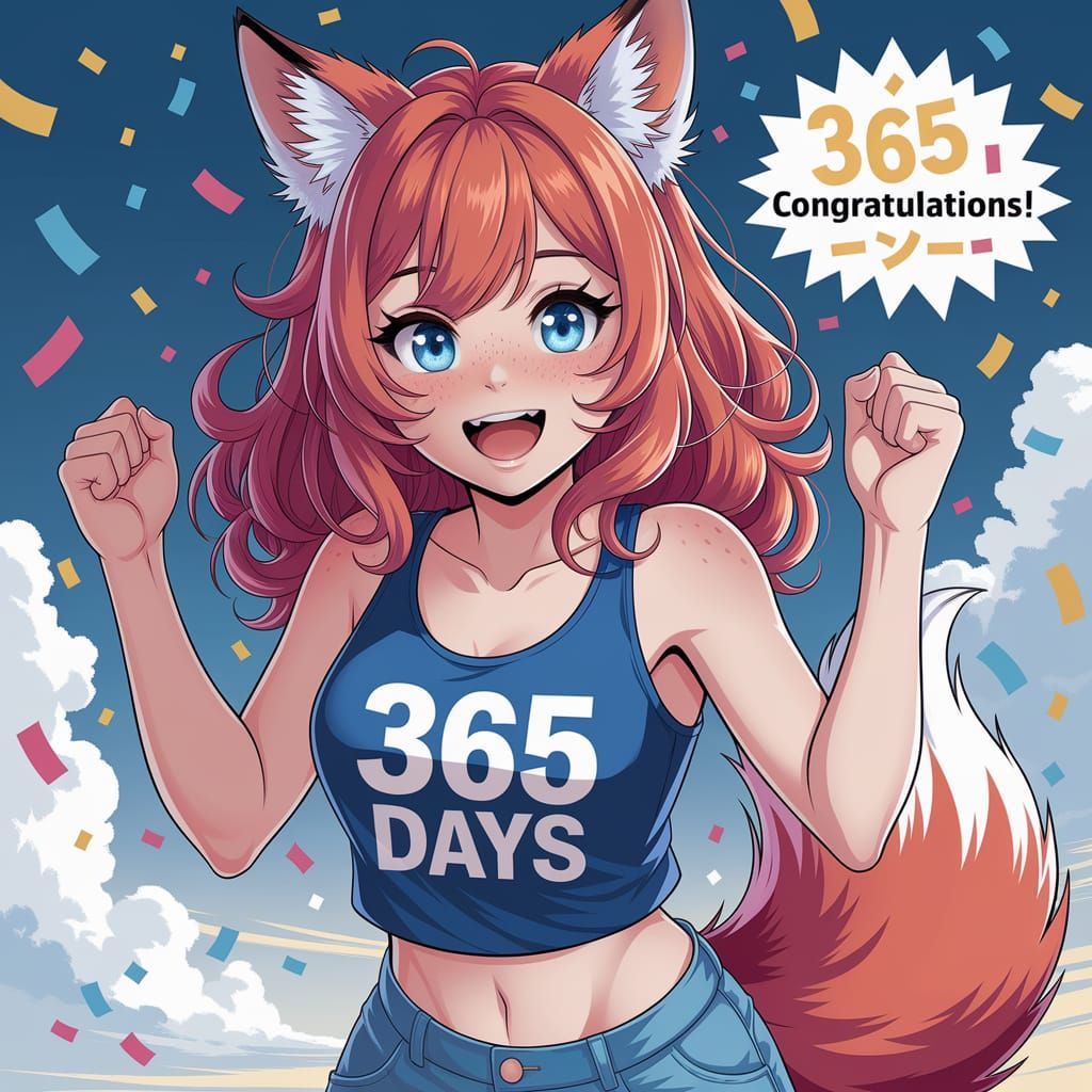 Anime Fox-Woman Celebrates Milestone with Confetti