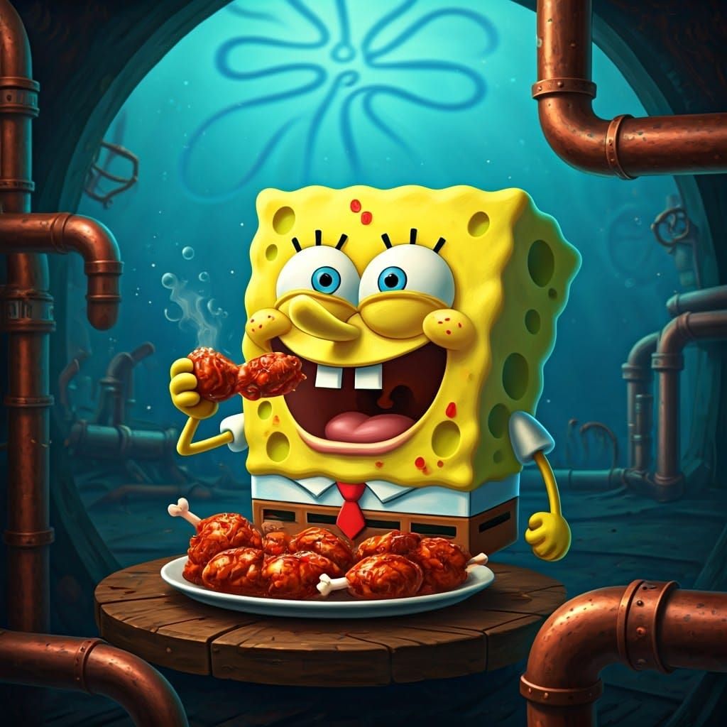 SpongeBob SquarePants Enjoys Spicy Wings in Steampunk Bikini...