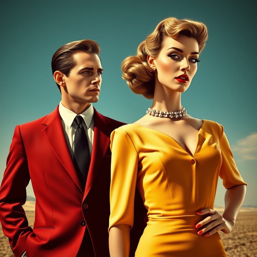 Surreal 1950s Couple with Exaggerated Details