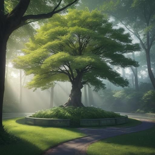 Anime Tree in Serene Landscape: 3D Concept Art