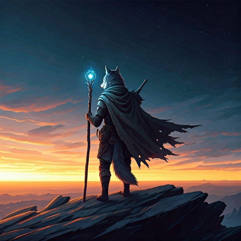 Wolf Warrior Gazing at Twilight Realm in Matte Painting Styl...