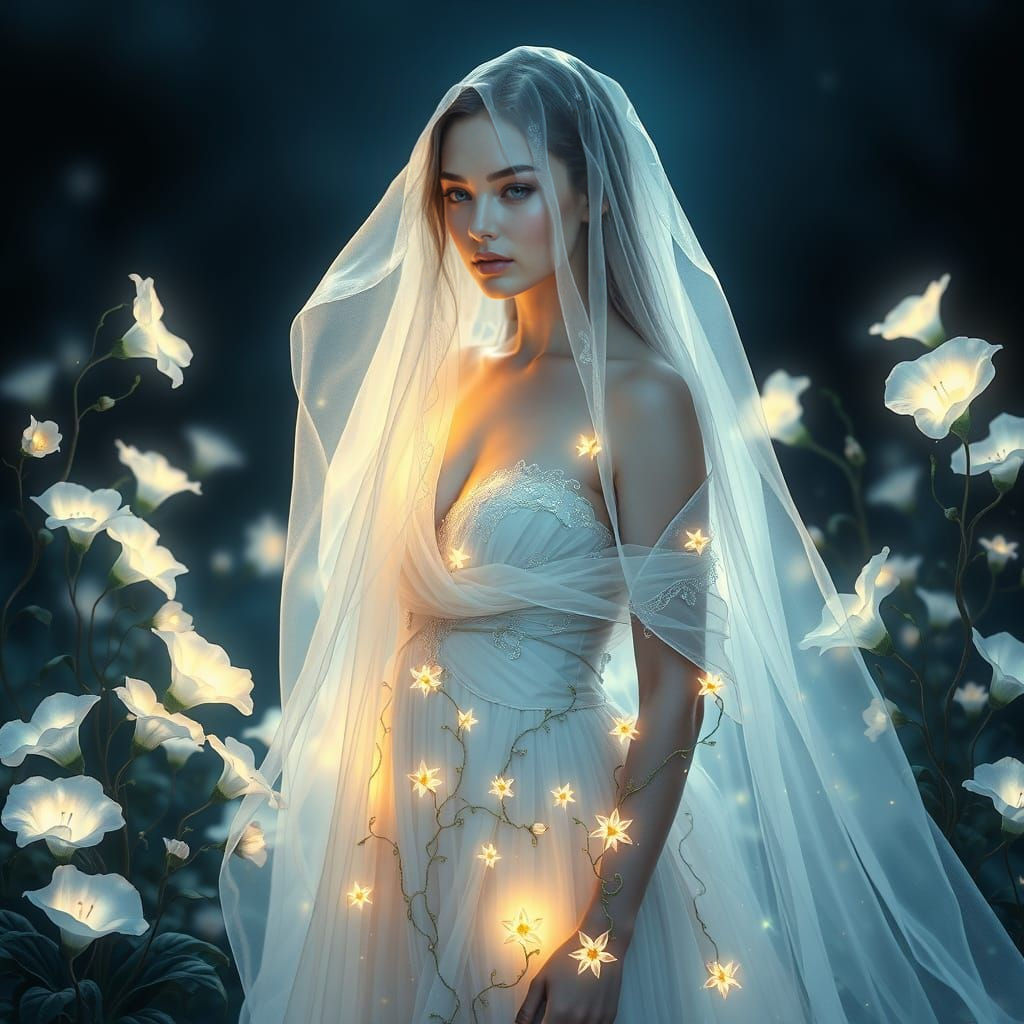 “Heavenly Bodies” – The Moonflower’s Prophecy (Ipomoea alba – Moonflower)
🌿 Night-Blooming, Luminous, Dreamy

Palette:
...