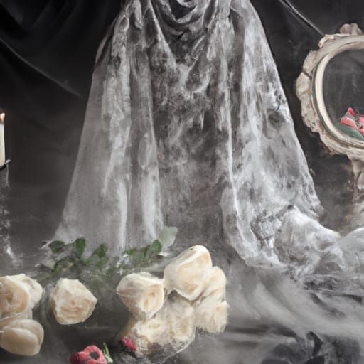 Ghost in Mirror with Candles and Black Flowers