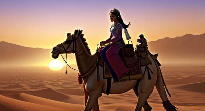 Desert Princess Rides Camel at Sunrise: Anime Style