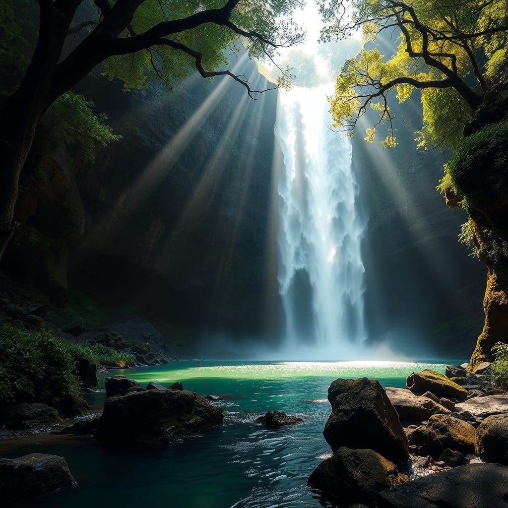 Hyperrealistic Waterfall in Lush Forest