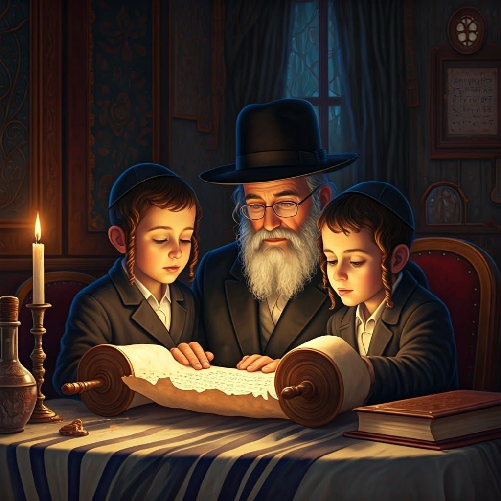 Warm Hasidic Family Moment in Realistic Comic Art
